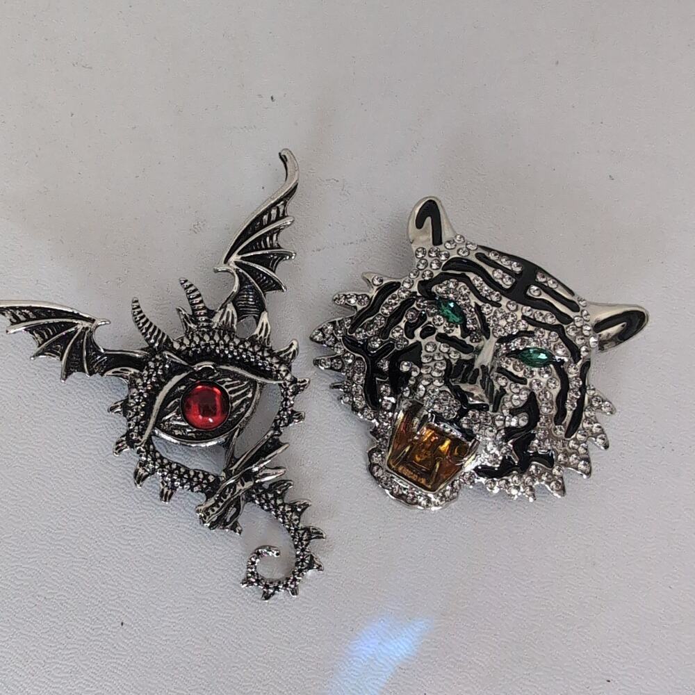 Silver-Tone Dragon and Tiger Crystal Brooch Set
